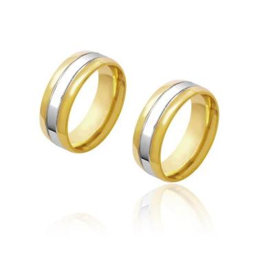 Imagem de Par de Alianças de Noivado Apolo Ouro Friso Central Ouro Branco 7,5mm 