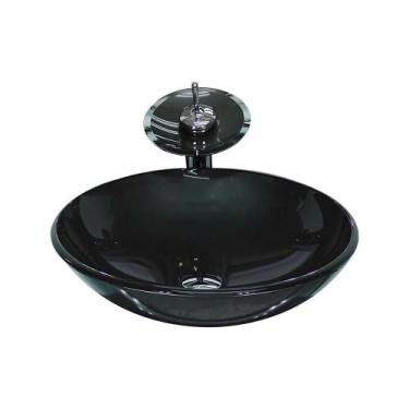 Imagem de Cuba Vidro Redonda 42Cm Preta + Válvula + Torneira Cascata - Cubas E G