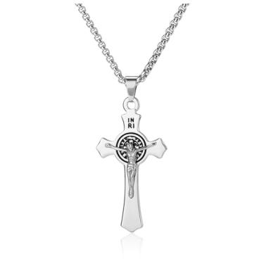 Imagem de Personalized Master Colar de cruz de aço inoxidável INRI crucifixo Jesus Cristo pingente para homens, joia religiosa, corrente de 61 cm, Medium, Metal, Sem Pedra Preciosa