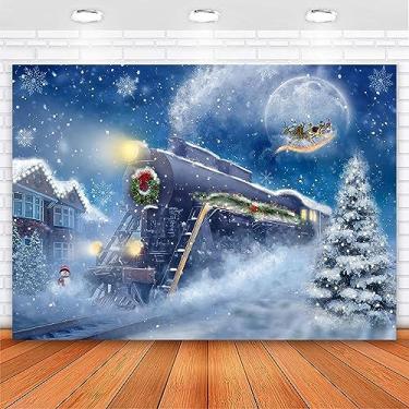 Imagem de Avezano Pano de fundo de trem de Natal, noite de neve, Natal, tema de festa, lua, Papai Noel, ferrovia, fotografia de fundo, decoração de festa de Natal (3 x 2 m, 299 x 208 cm)