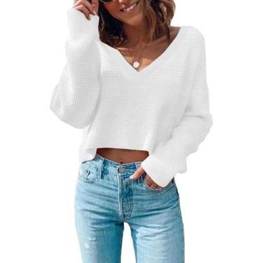 Imagem de Suéter Poetsky Waffle Knit com decote em V, manga comprida, branco M