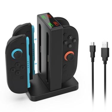 Imagem de Base de carregamento para controle Joycons Switch 2, estação de base destacável com 4 compartimentos de carregamento, conexão magnética, indicador de LED, alerta sonoro, acessórios de carregamento