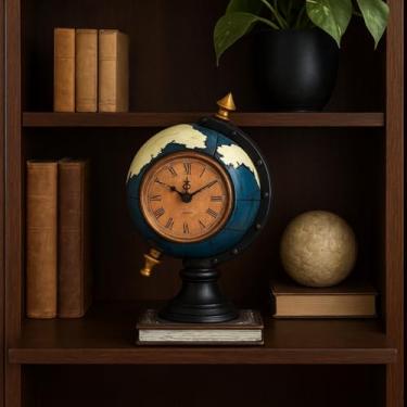 Imagem de Relógio de Mesa Estatueta retrô planeta terrestre livros vintage decoração de quarto ornamento globo colecionador resina azul luxo mapa Mundi Analógico Esférico Moderno Presente Natal Aniversario