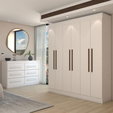 Imagem de Guarda-Roupa Casal Europa 6 Portas 2 Gavetas e Cômoda 6 Gavetas 100% Mdf Branco - Panorama Móveis