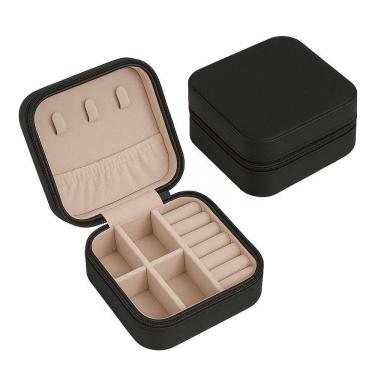 Imagem de Porta-joias De Viagem Compacto Com Zíper – Couro Sintético, Compartimentos Para Anéis, Colares E Brincos Preto
