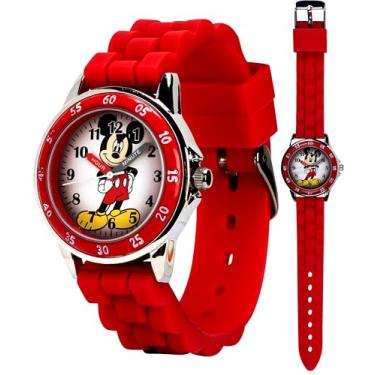 Imagem de Accutime Relógio de pulso analógico Disney Mickey Mouse Minnie Mouse de quartzo para professores de tempo de quartzo, para crianças, meninos e meninas para aprender a dizer a hora, Mickey Red, MK1239