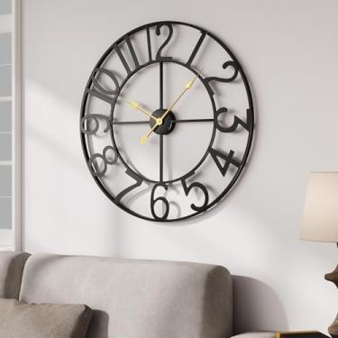 Imagem de Relógio de parede grande, relógio de parede decorativo preto de 50 cm para sala de estar, moderno metal operado por bateria numerais arábicos relógios redondos silenciosos sem tique-taque para cozinha