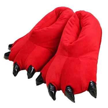 Imagem de Pantufas unissex de pelúcia com garra de dinossauro, pantufas quentes de inverno para casa e monstros felpudos fantasia de animal de Halloween, Vermelho, Medium