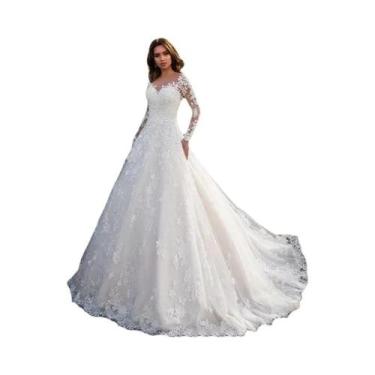 Imagem de Vestido De Noiva De Manga Longa Em Cor Sólida Com Renda 2024 Novo Esti
