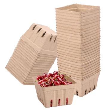 Imagem de Pacote com 60 cestas de fibra de polpa natural, recipiente ventilado, bandeja reutilizável de polpa de frutas, caixa de sobremesa de presente DIY para exibição de armazenamento, frutas e legumes