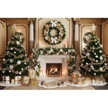 Imagem de AWERT 1,5 x 0,9 m, fundo de noite de Natal, árvore de Natal, presente para lareira com lareira, pano de fundo branco para parede, vela quente, cenário fotográfico de ano novo, decoração de férias