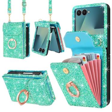 Imagem de Casewind Capa carteira para Samsung Galaxy Z Flip 7 com 5 porta-cartões, capa transversal de couro PU com glitter com suporte de anel de 360° e alça de pulso, capa de telefone feminina à prova de