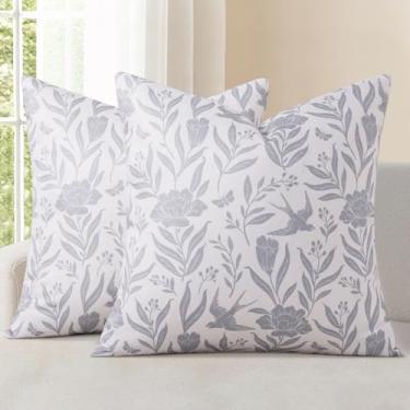 Imagem de decorUhome Conjunto de 2 capas de almofada florais, 45,7 x 45,7 cm, cinza vintage, estampa de blocos de linho, fronhas quadradas decorativas de casa de fazenda neutra rústica para sofá