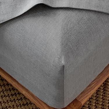 Imagem de MooMee Lençol de baixo com elástico 100% algodão lavado como linho texturizado respirável durável macio confortável bolso profundo cabe em colchões de até 43 cm (cinza gelo, casal)