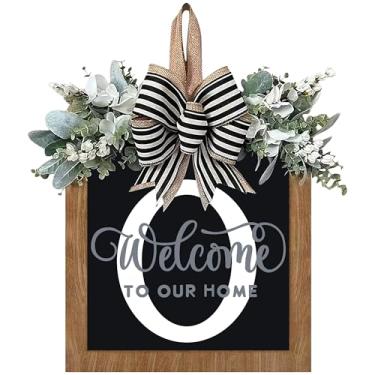 Imagem de Guirlanda de porta da frente com sobrenome de 35 cm, guirlanda de porta de boas-vindas com 26 letras para porta da frente externa, guirlanda de boas-vindas e eucalipto e laço adequado para todas as