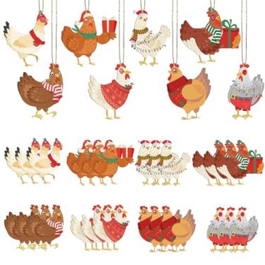 Imagem de 24 peças de enfeites de Natal de galinha para árvores – placas de madeira pintinho de fazenda, recorte de madeira para animais de estimação fofos para lembrancinhas de festa de Natal e Ano Novo