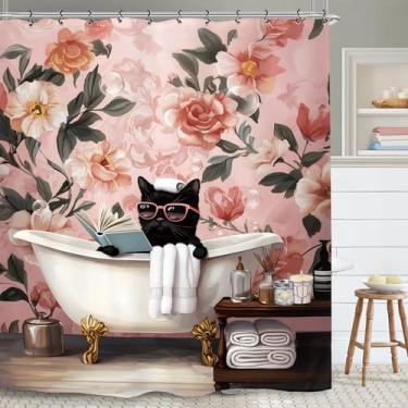 Imagem de Yookeb Cortina de chuveiro de banheiro de gato preto engraçado 152 cm x 188 cm rosa rosa adorável romântico hilário tecido de poliéster 12 ganchos de plástico à prova d'água decoração