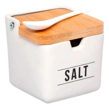 Imagem de Saleiro Porcelana Premium Branco Colher Tampa Bambu 270gr Branco E Bam