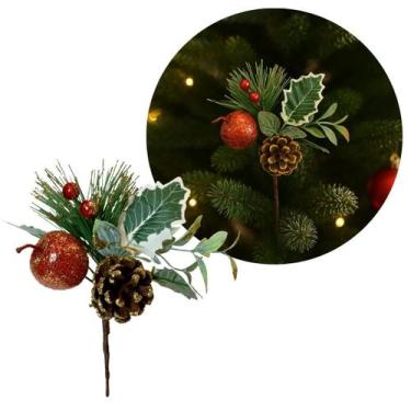 Imagem de Pick Natalino Folhagem Pinha e Fruta Decorado Glitter Dourado 17cm - Y
