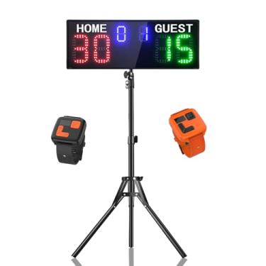 Imagem de YZ Placar eletrônico LED com controle de relógio, placar digital com controle remoto, placar de basquete portátil, marcador de pontuação de tênis digital para rede, tripé ajustável para jogos ao ar