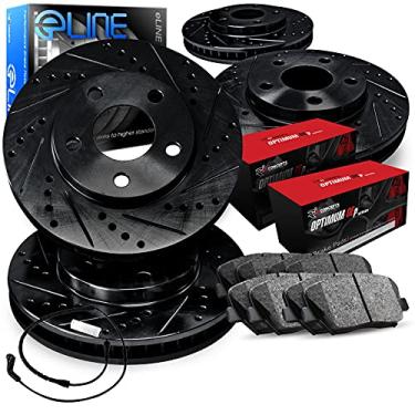 Imagem de R1 Concepts Rotores de freio dianteiros traseiros da série eLine perfurados e ranhurados pretos com pastilhas OEP ideais e fio de sensor compatível com Porsche 944 1983-1986
