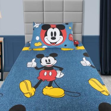 Imagem de Jogo de Cama Solteiro Infantil Disney Oficial Mickey Grande Azul – Cores Vivas Anti Alergico Lençol c/Elástico – Malha 2 peças Fronha 100% algodão e lençol 70% Algodão 30% Poliéster Premium