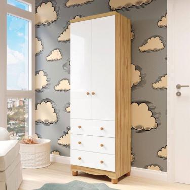 Imagem de Guarda-Roupa de Bebê Júnior New 2 Portas 3 Gavetas 100% Mdf Branco Brilho/Amêndoa - Móveis Peroba