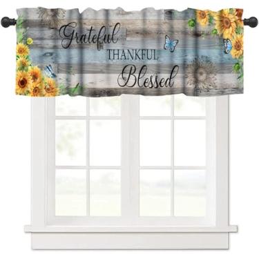 Imagem de Farmhouse Cortina de Valança de Girassol Rústica Placa de Madeira Citação Country Vintage Florais Flores Primavera Verão Tratamento de Janela para Cozinha Quarto Sala de Estar 137 x 45 cm