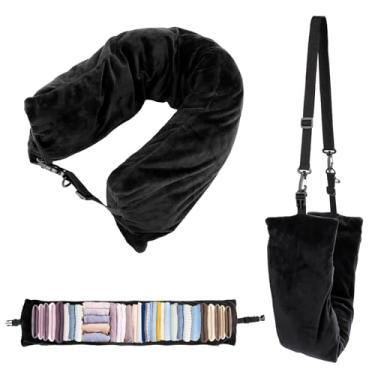 Imagem de Travesseiro de viagem retangular de pelúcia, macio e transformável, com 2 alças ajustáveis para adultos para sair de carro ou avião, sem enchimento de travesseiro