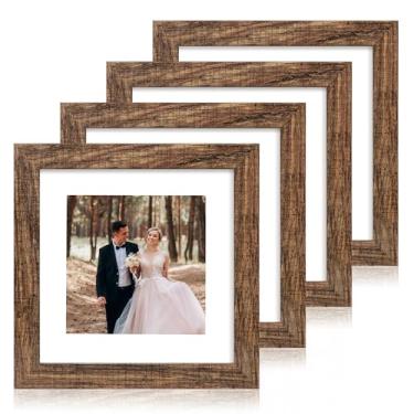 Imagem de iRahmen Conjunto de 4 molduras de 20 x 20 cm com vidro HD, tela de 15 x 15 cm com tapete ou 20 x 20 sem tapete, moldura de madeira rústica para suporte de parede e mesa