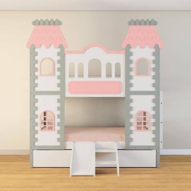 Imagem de Beliche Castelo Encantado 02 Gavetas Kit Escada/escorregador - Madeira Maciça Branco/cinza/rosa Housin