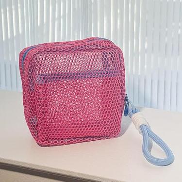 Imagem de Bolsa de cosméticos de malha leve e elegante, bolsa de armazenamento de cosméticos quadrada portátil com zíper, multiuso 14 x 14 x 4 cm, Vermelho, Simples