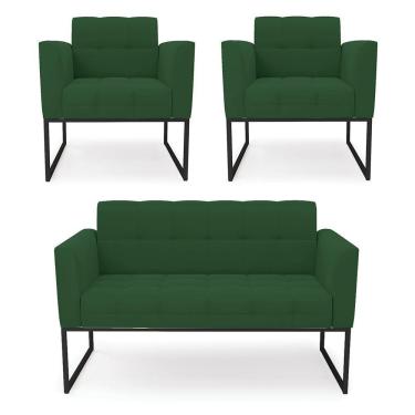 Imagem de Kit 1 Sofá Namoradeira E 2 Poltronas Elisa Veludo Verde Base Metálica Industrial Preto - D'rossi