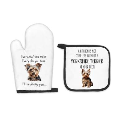 Imagem de FIicy Conjunto de luvas de forno e suportes de panela para cães Yorkshire Terrier, conjunto de acessórios de cozinha para decoração de cachorro Yorkshire Terrier, completo, sem cães, luvas de forno