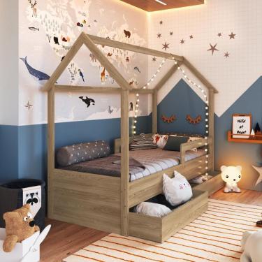 Imagem de Cama Infantil Montessoriana Casinha Solteiro Menino Menina Com Proteção Lateral E Gavetas Com Rodas Aveiro