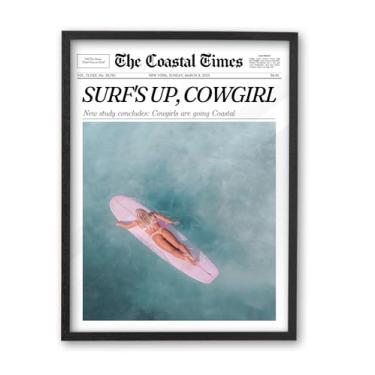 Imagem de iHery Arte de parede emoldurada premium de madeira de carvalho preto natural 30,5 x 40,6 cm, decoração de parede retrô em tela de jornal para dormitório feminino surfista vintage bar carrinho quarto