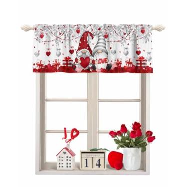 Imagem de ALAGEO Cortina de Dia dos Namorados Valances Love Heart Gnomo Cortina de Cozinha Sanefas Bolso de Haste Rosa Vermelha Cortina de Janela Tratamento Topper Cortinas para Decoração de Dia dos Namorados