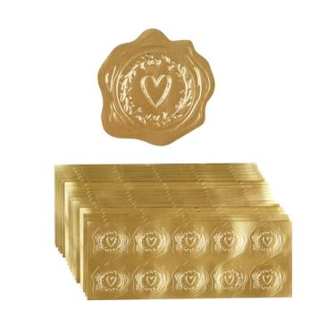 Imagem de 300 peças de adesivos dourados em relevo para envelopes, convites de casamento, envelopes de cartões de felicitações de Natal (coração dourado - amor)