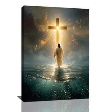Imagem de Jesus Wall Art Christian Jesus Walking on Water Pictures Wall Decor Christ Cross Pictures Canvas Religious Painting Print Framed Artwork Decorações Presentes para Sala de Estar Quarto Sala de Oração