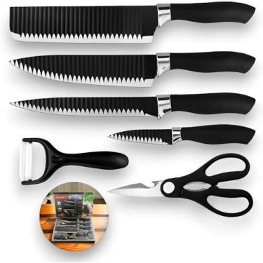 Imagem de Kit Jogo de Facas Antiaderente 6 Pcs para Churrasco e Cozinha - Aço Inox Afiado, Inclui Faca do Chefe, Cutelo, Descascador, Tesoura - Ideal para Carnes, Legumes, Frutas
