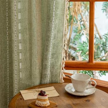 Imagem de Cortinas transparentes boho verde sálvia 182,88 cm de comprimento, 2 painéis para quarto, filtro de luz, semitransparente, boêmio, natal, privacidade, borlas, bordado, vintage, listras bordadas, aba