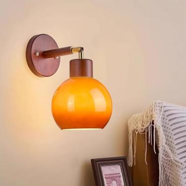 Imagem de E27 Candeeiro de parede de madeira vintage criatividade, luzes de parede com sombra de vidro 180° giratório, arandelas de parede de ângulo ajustável, luz quente para sala de estar, quarto, corredor