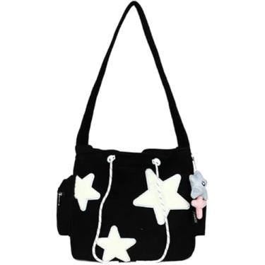 Imagem de Bolsa tiracolo Star feminina de veludo cotelê bolsa carteiro estética linda bolsa de ombro Y2K Hobo bolsa (preto)
