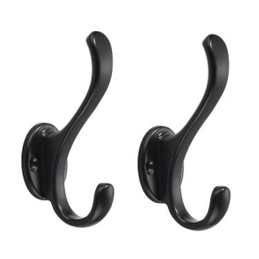 Imagem de khtumeware Pacote com 2 ganchos pretos de parede para uso pesado, ganchos duplos retrô para pendurar casacos, chapéu, toalha, chave, roupão, cachecol, bolsa, boné (preto)