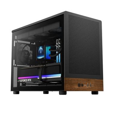 Imagem de GAMDIAS Estojo para jogos Micro-Tower, painel frontal de nogueira e vidro temperado lateral, ventilador pré-construído de 3 × 120 mm, suporta radiadores duplos de 360 mm, micro‑ATX/Mini‑ITX, USB 3.0x2