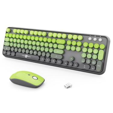 Imagem de Combo de teclado sem fio, 104 teclas redondas, lindo teclado colorido com estilo retrô de máquina de escrever, teclado Letton tamanho completo com teclado numérico e mouse com 3 DPI para PC, Mac