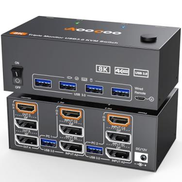 Imagem de 8K @ 60Hz HDMI2.1 Displayport KVM Switch 3 monitores 2 computadores 4K @144Hz monitor triplo KVM Switches com porta USB 3.0, controle remoto com fio, adaptador de energia e cabos USB 3.0 (2 PCs 3