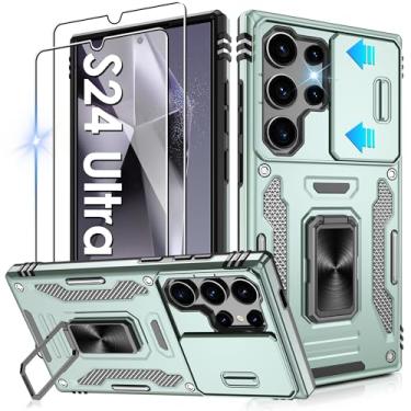 Imagem de Gritup Capa para Samsung Galaxy S24 Ultra com 2 protetores de tela HD e capa de câmera deslizante, proteção contra quedas de grau militar de 3 m, capa protetora com suporte de anel magnético, verde