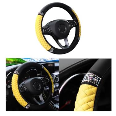 Imagem de Couslcd Capa de volante de carro brilhante, protetor de volante elástico de couro macio de strass de 38 cm, diamante de cristal brilhante para mulheres e meninas, acessórios de interior de carro para
