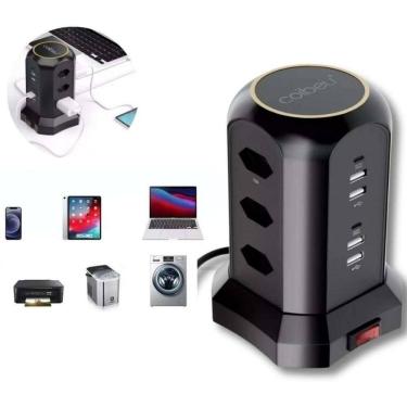 Imagem de Torre De Tomadas Usb Preta 8 Entradas E Carregador Rápido